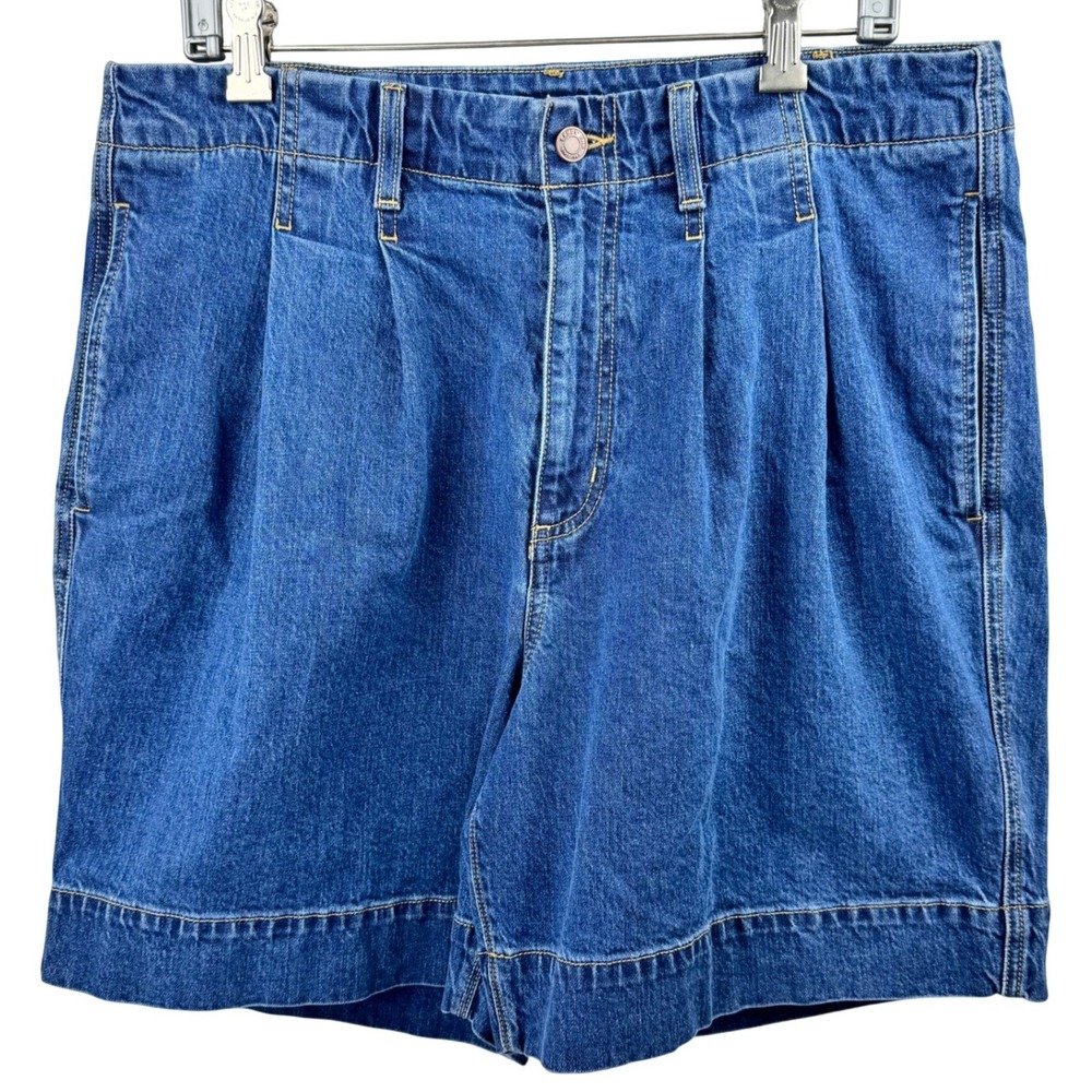 Lands End Pleated Denim Shorts Women 14 Blue High Rise Stretch Casual Retro
